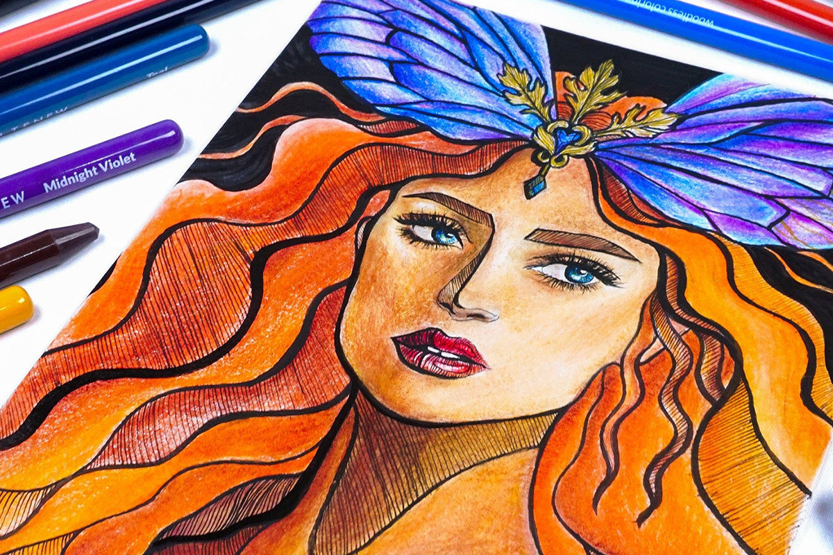A painting of a goddess with orange hair, created with Altenew Woodless Coloring Pencils
