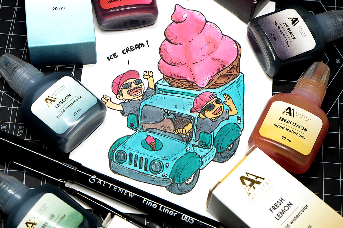 A cute drawing of two men on a jeep with a huge ice cream cone at the back, colored with Artistry by Altenew Alcohol Inks