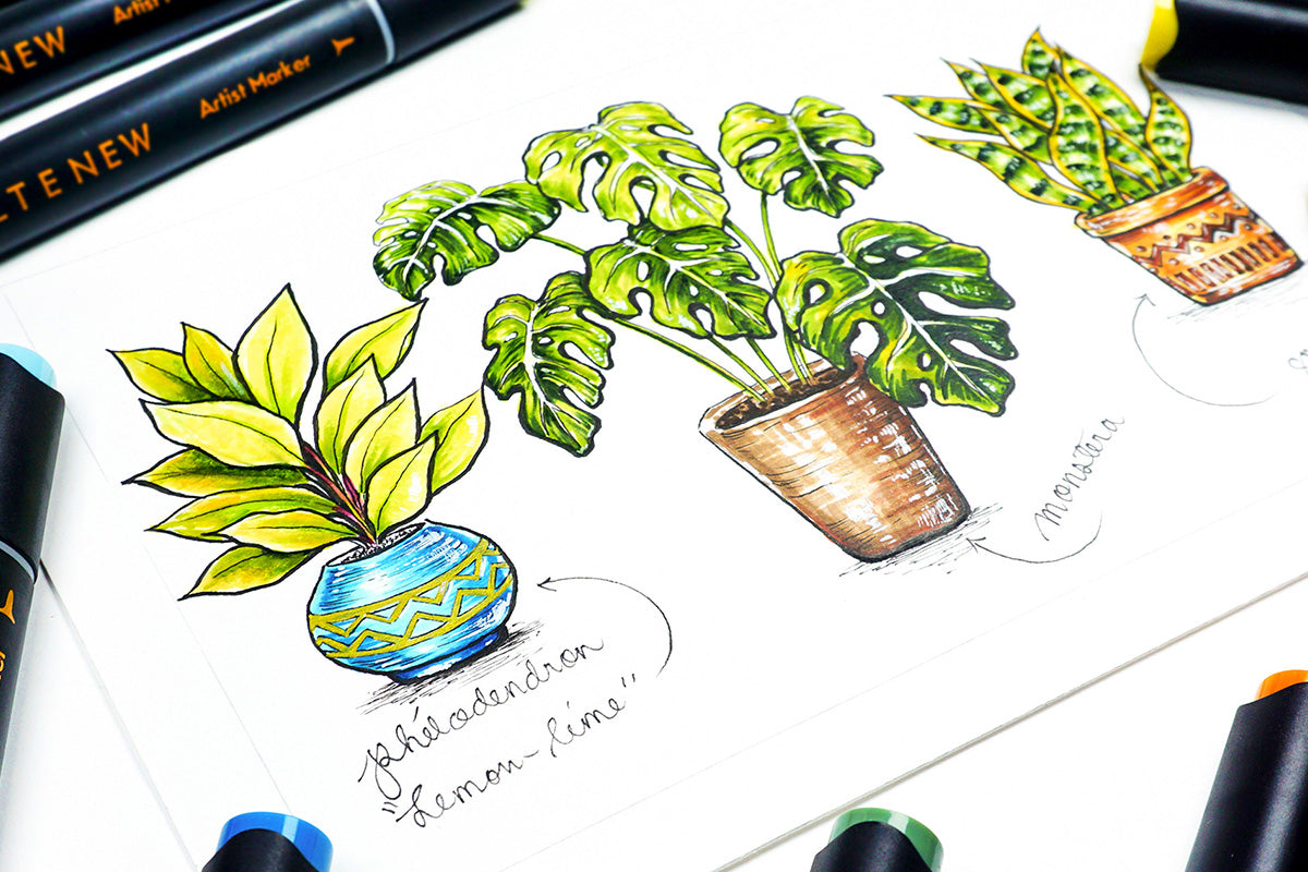 Cute drawing of potted plants colored with Artists' Markers from Artistry by Altenew