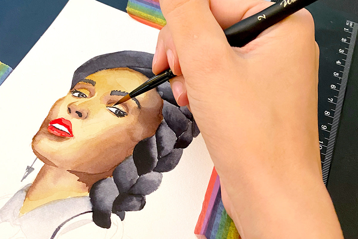 A beautiful sketch of artist Janelle Monae colored with Artistry by Altenew Watercolor Brush Markers