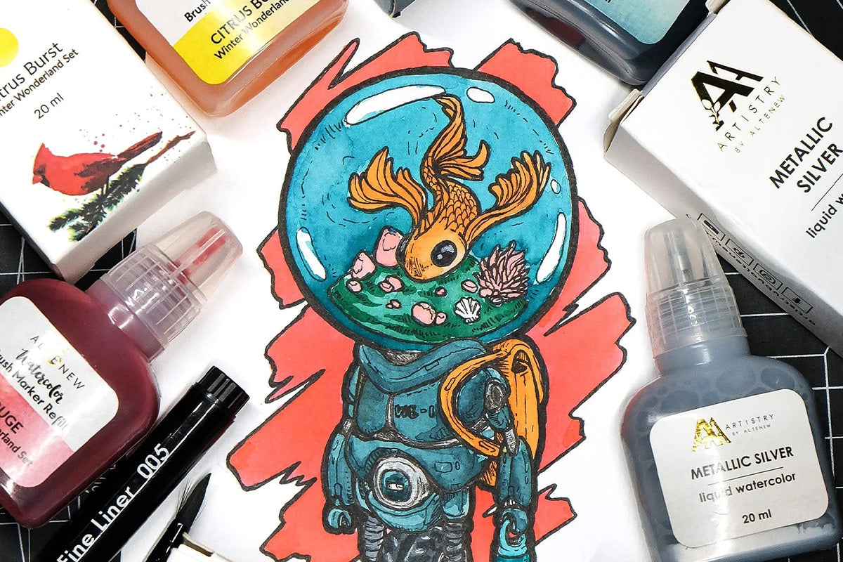 A one-wheeled robot with a fishbowl head created with Brush Markers from Artistry by Altenew