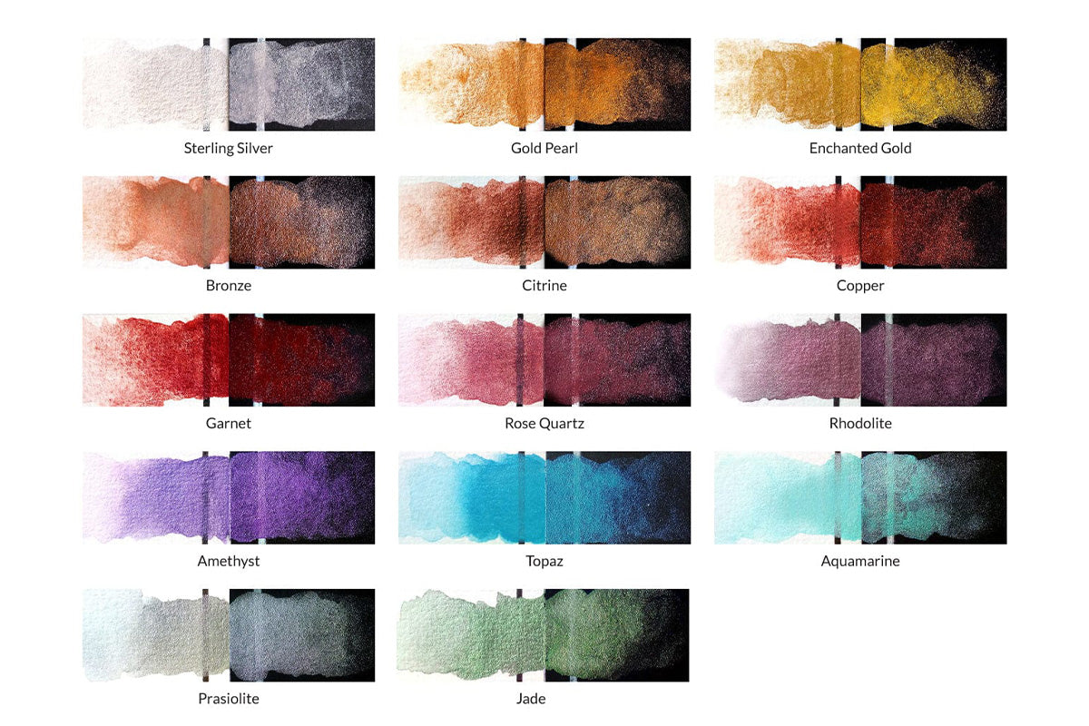 Swatches of color from the Metallic Watercolor 14 Pan Set from Artistry by Altenew