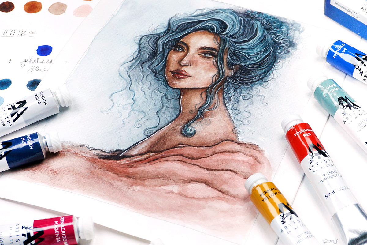 A watercolor portrait painting of a woman with blue-ish hair tied up in a bun, painted with Artistry's watercolor tubes