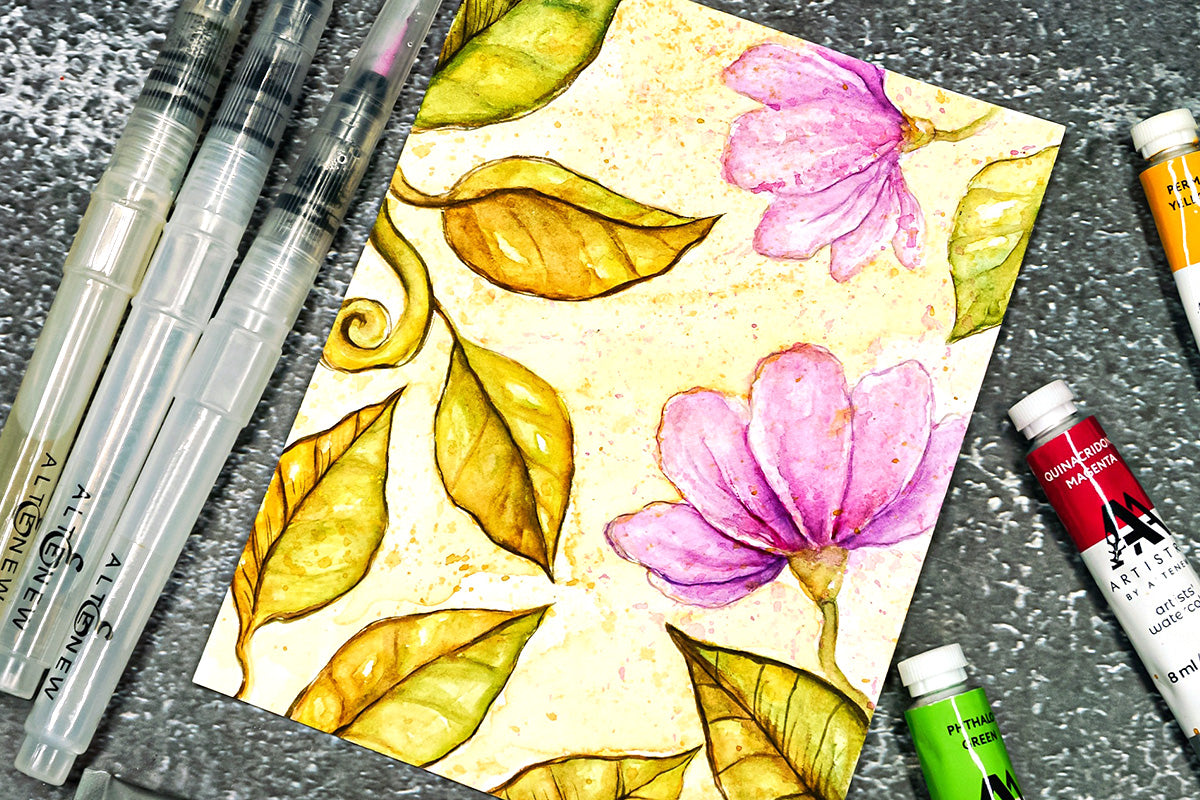 Freehand watercolor art featuring flowers and leaves, painted with Artistry by Altenew's watercolor tubes