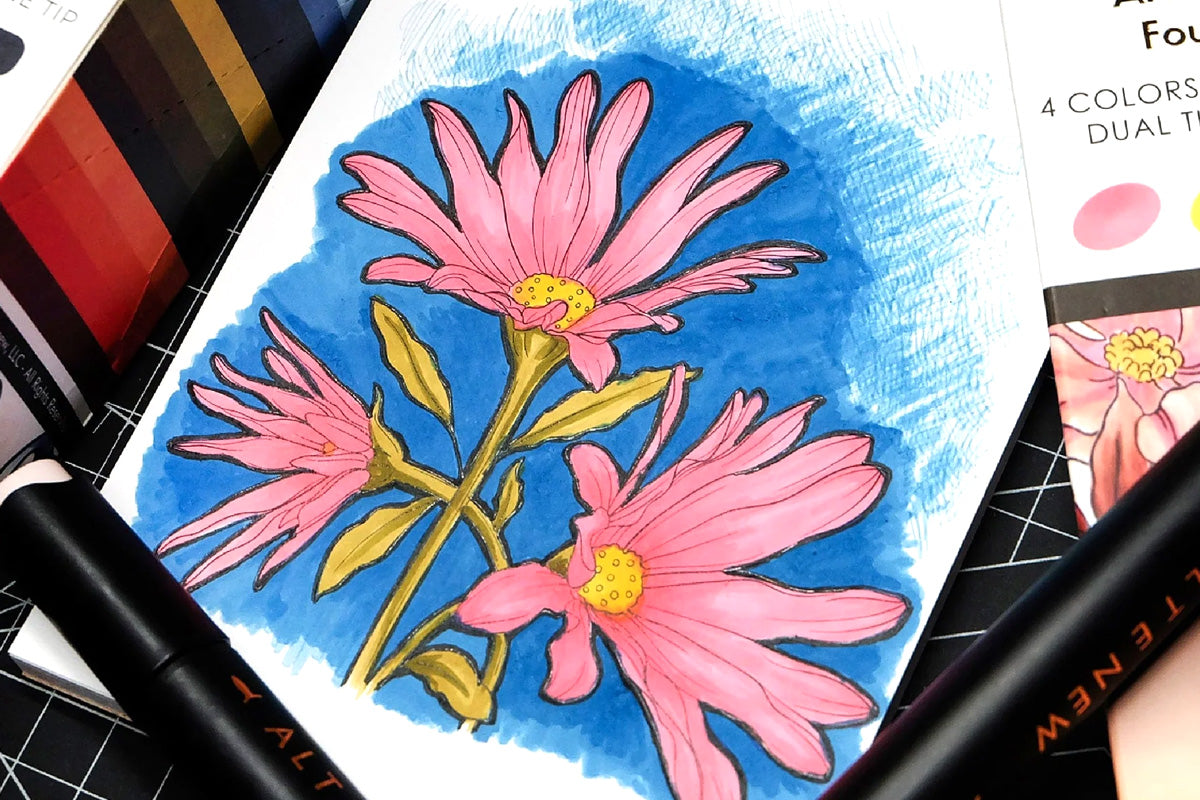 A pink flower on blue background, colored in with Altenew's Artists Markers