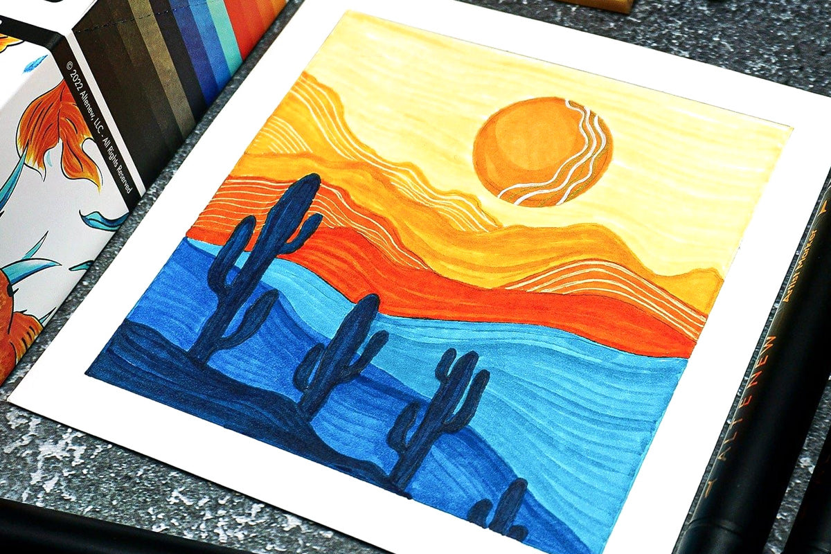 A surreal desert scene colored in with Altenew's Artists Markers