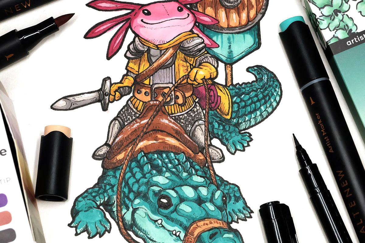 An axolotl warrior with his banner, shield, and sword, riding a green crocodile to battle, colored in with Altenew's Artists Markers