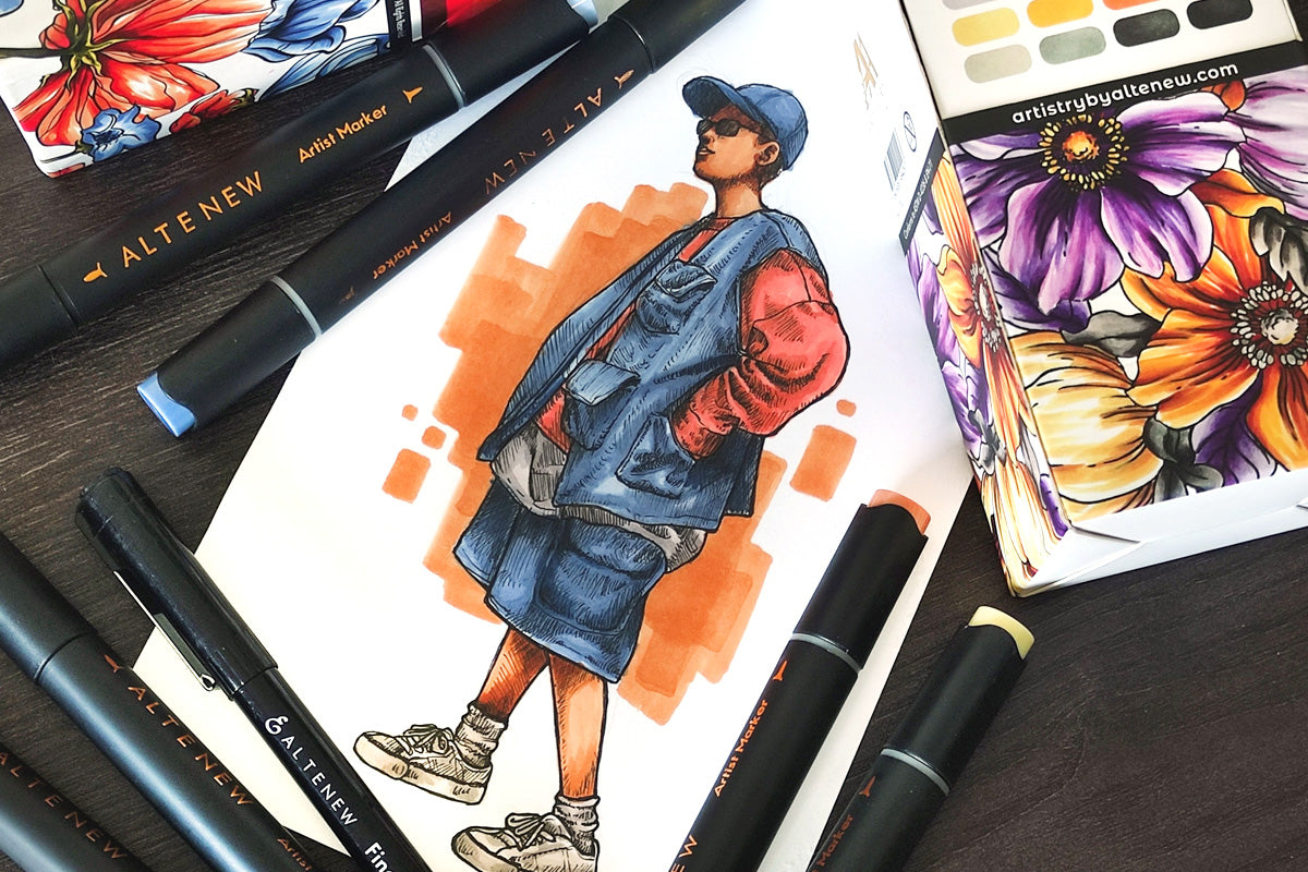 A drawing of a guy in a blue cap, blue hoodie, red sweater and shorts, colored in with Altenew's Artists Markers