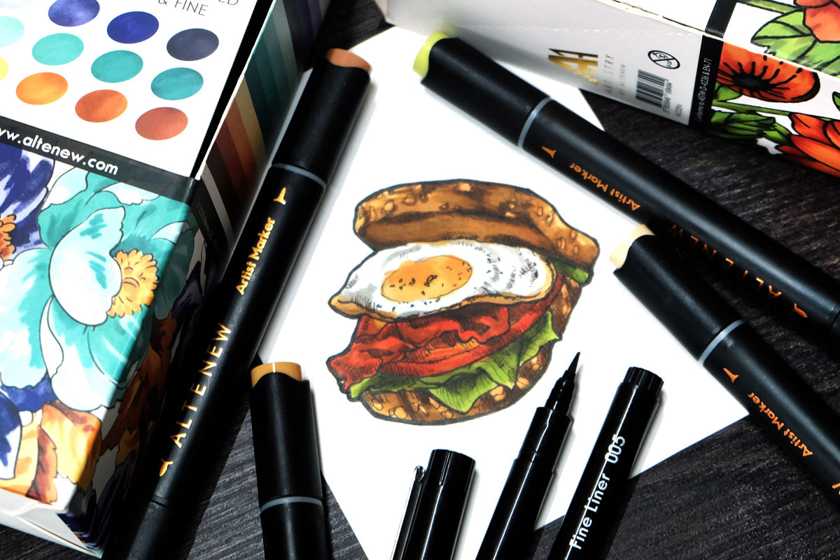 A hyper-realistic depiction of an egg sandwich, colored in with Altenew's Artists Markers