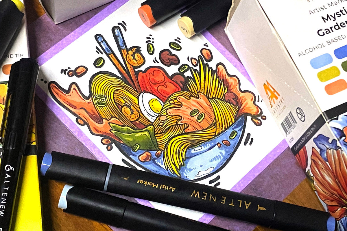 An overflowing bowl of ramen colored in with Altenew's Artists Markers