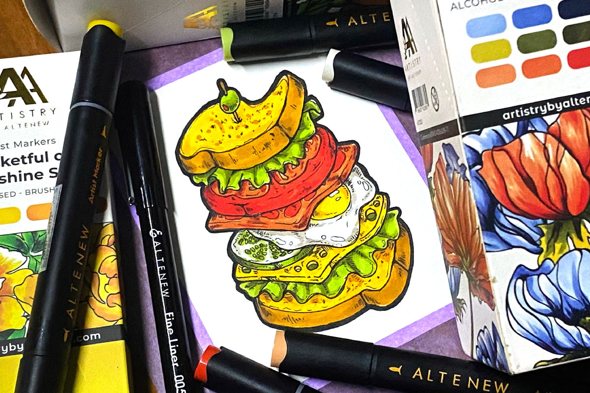 A drawing of a stacked BLT and egg sandwich colored in with Altenew's Artists Markers