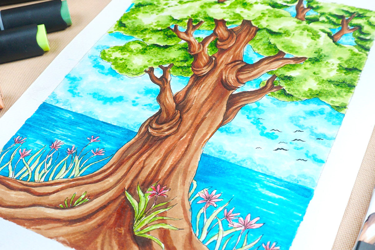 A peaceful drawing of a tree colored in with Altenew's Artists Markers