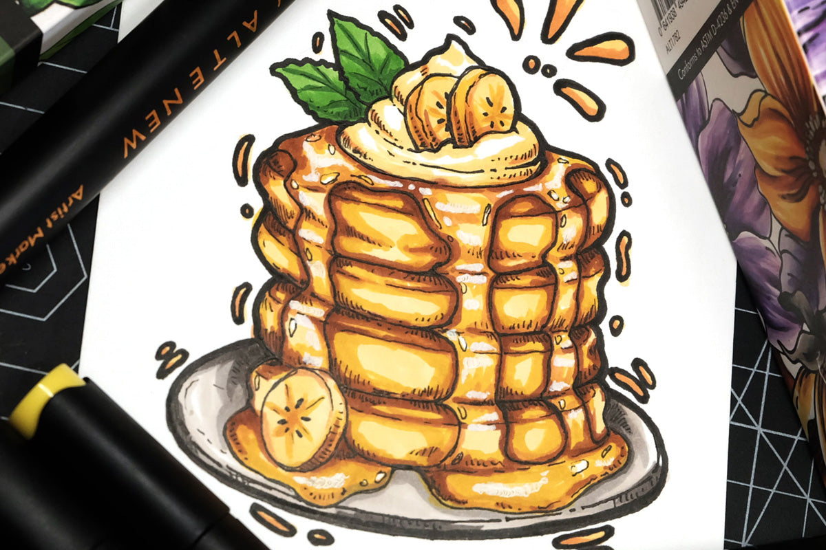 A scrumptious-looking stack of waffles with honey and banana, colored in with Altenew's Artists Markers