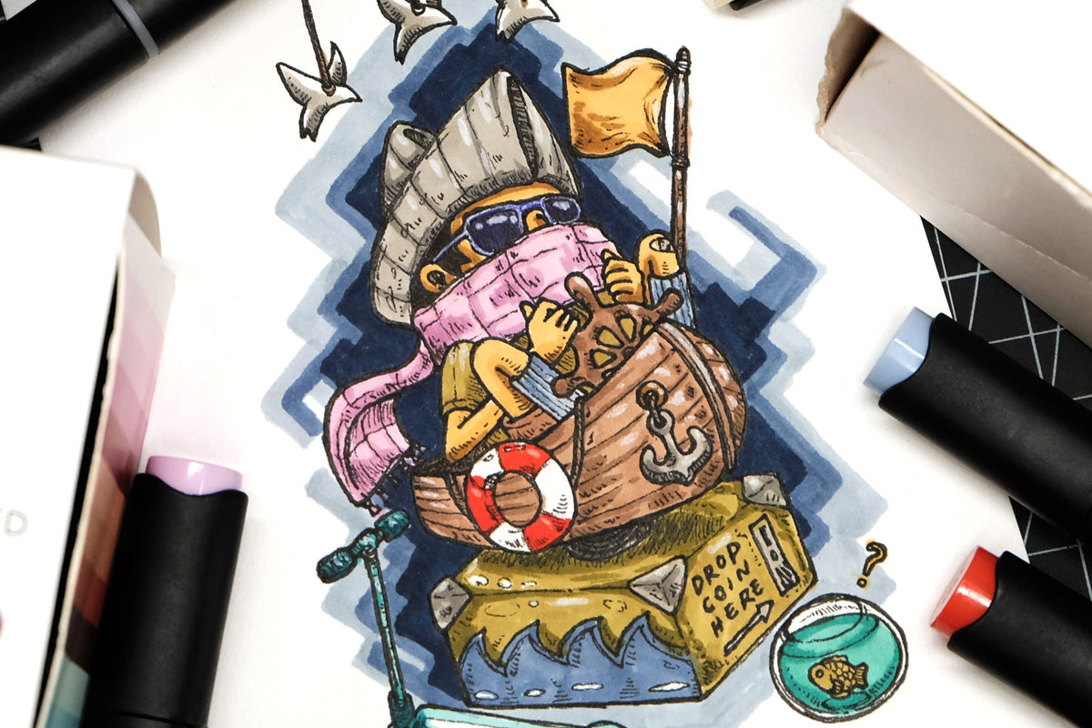 A caricature of a kid riding a pirate ship-themed ride, colored in with Altenew's Artists Markers