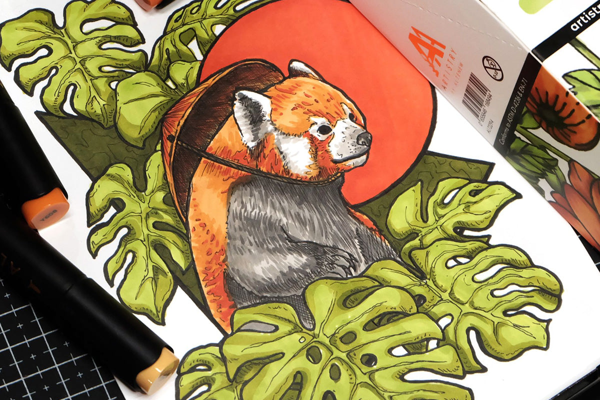 A drawing of a red panda with a traditional farming hat on his back, standing amongst various leaves, colored in with Altenew's Artists Markers