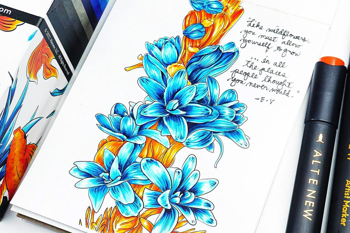 A stem of blossoming blue flowers, colored in with Altenew's Artists Markers