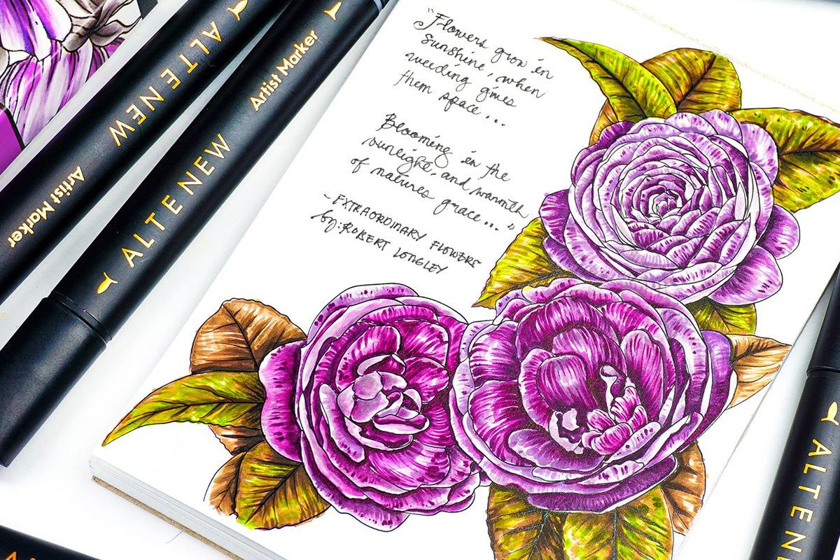 A drawing of a bouquet of purple flowers, colored in with Altenew's Artists Markers