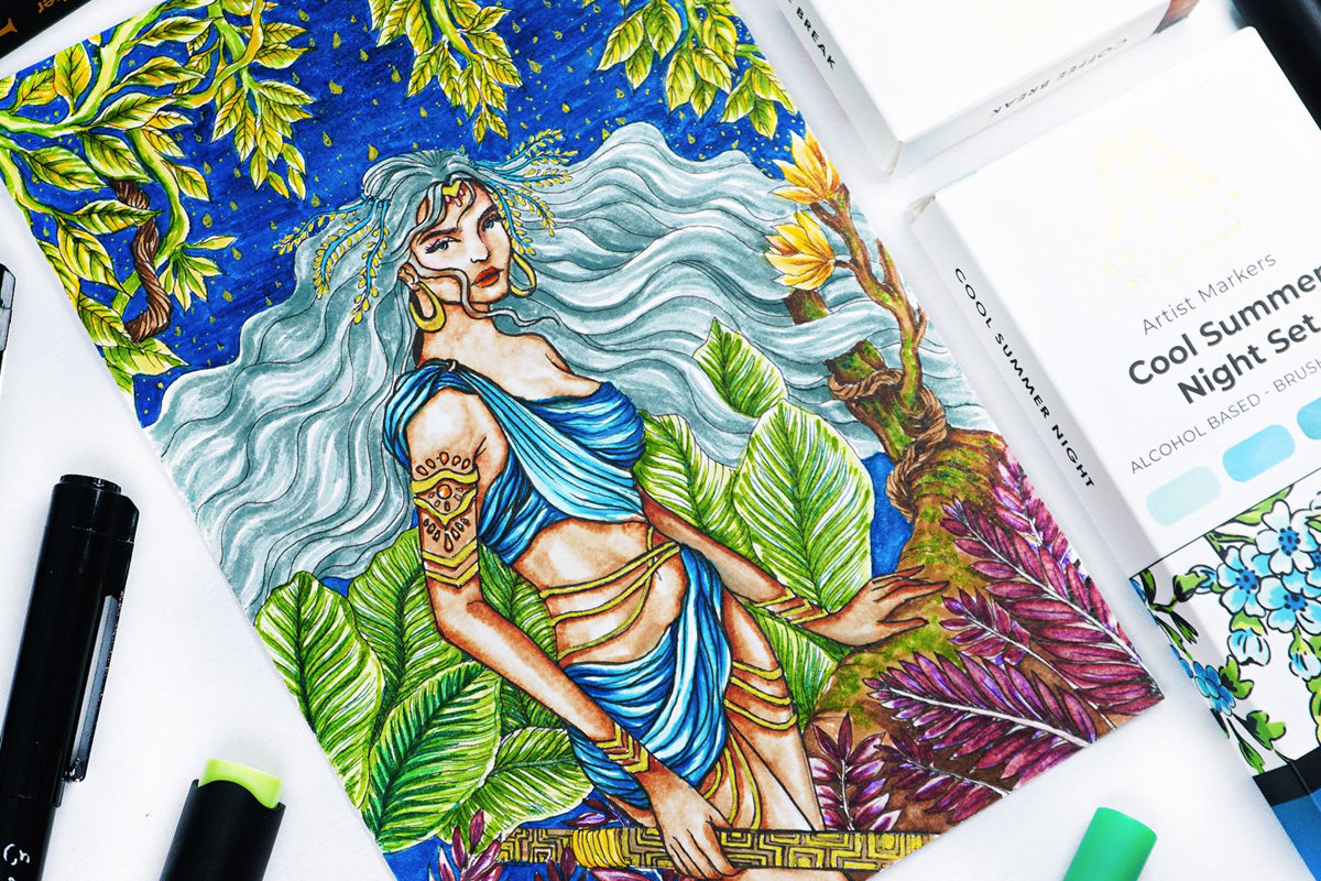 A warrior goddess with silvery-blue flowing hair amongst plants and vines, colored in with Altenew's Artists Markers