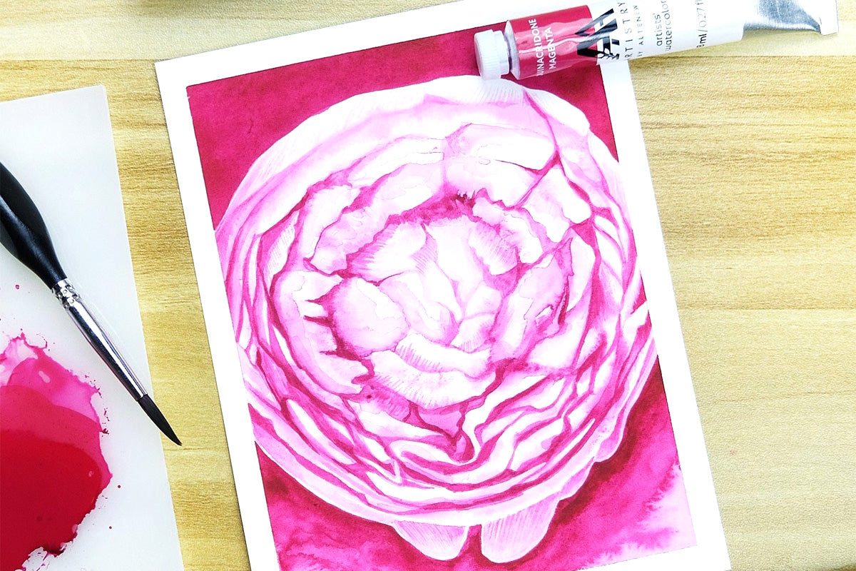 A flower painted in monochrome and soft brush strokes