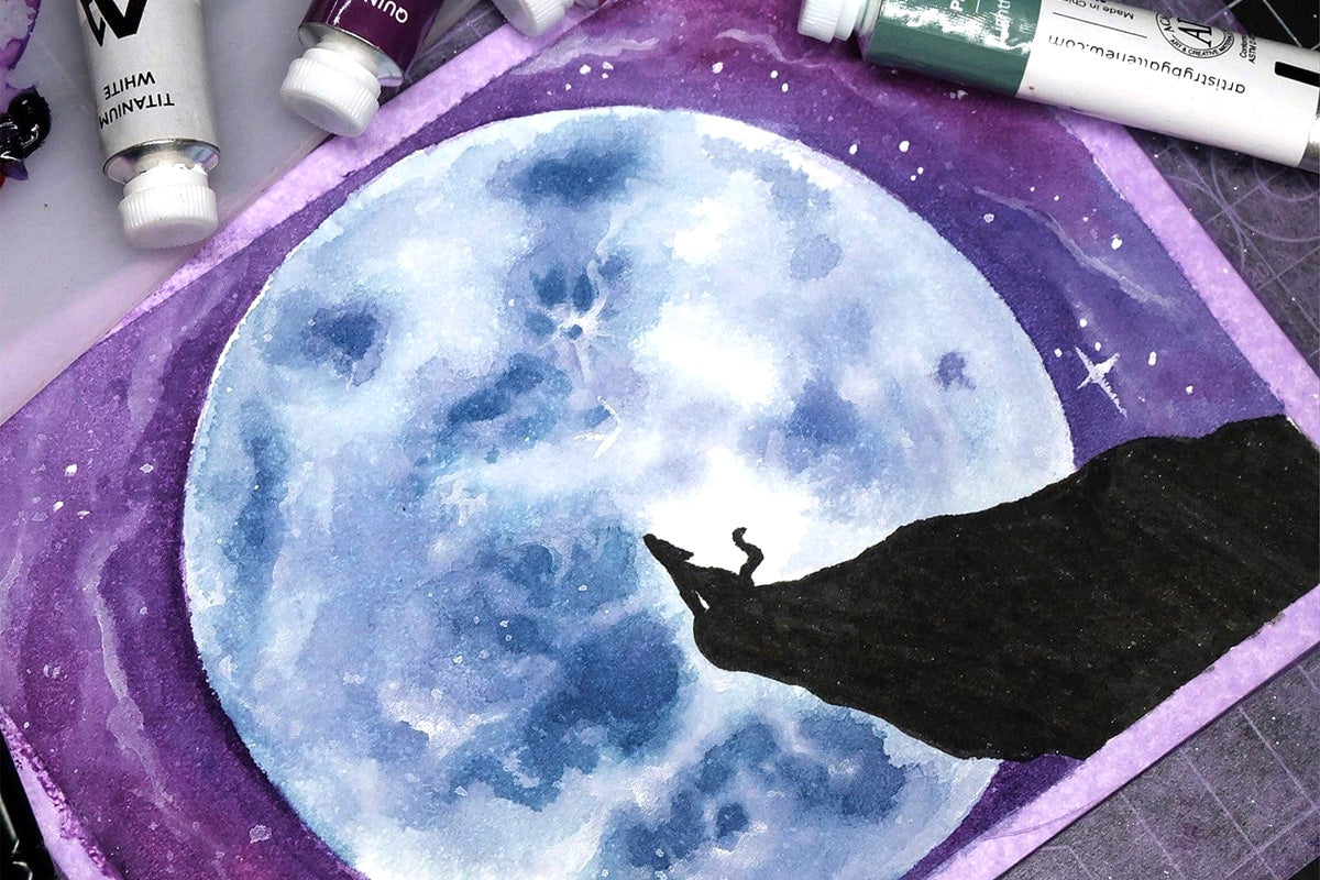 A painting of a wolf howling at a massive full moon