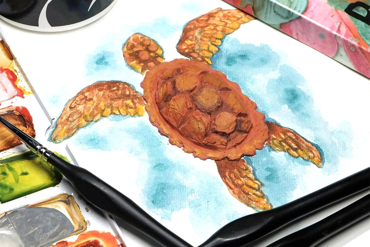 An artwork of a turtle with depth and dimension using gouache and embossing paste