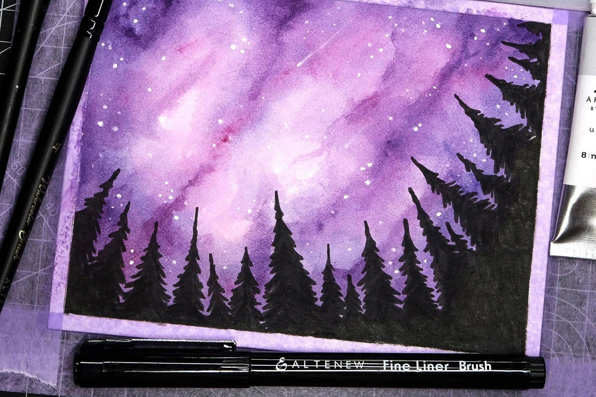 A painting of a purple night sky above a canopy of trees