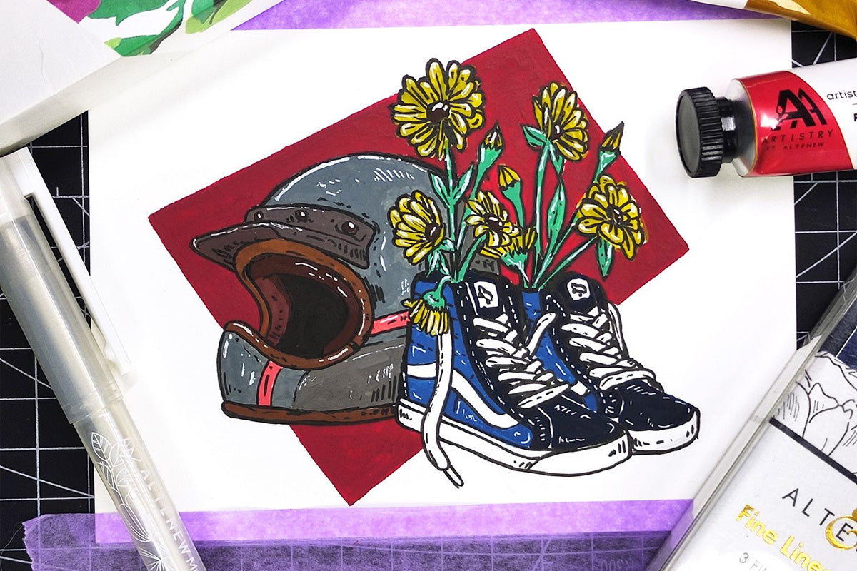 Watercolor painting of a helmet and a pair of sneakers with flowers in them, made with Artistry Watercolor Tubes