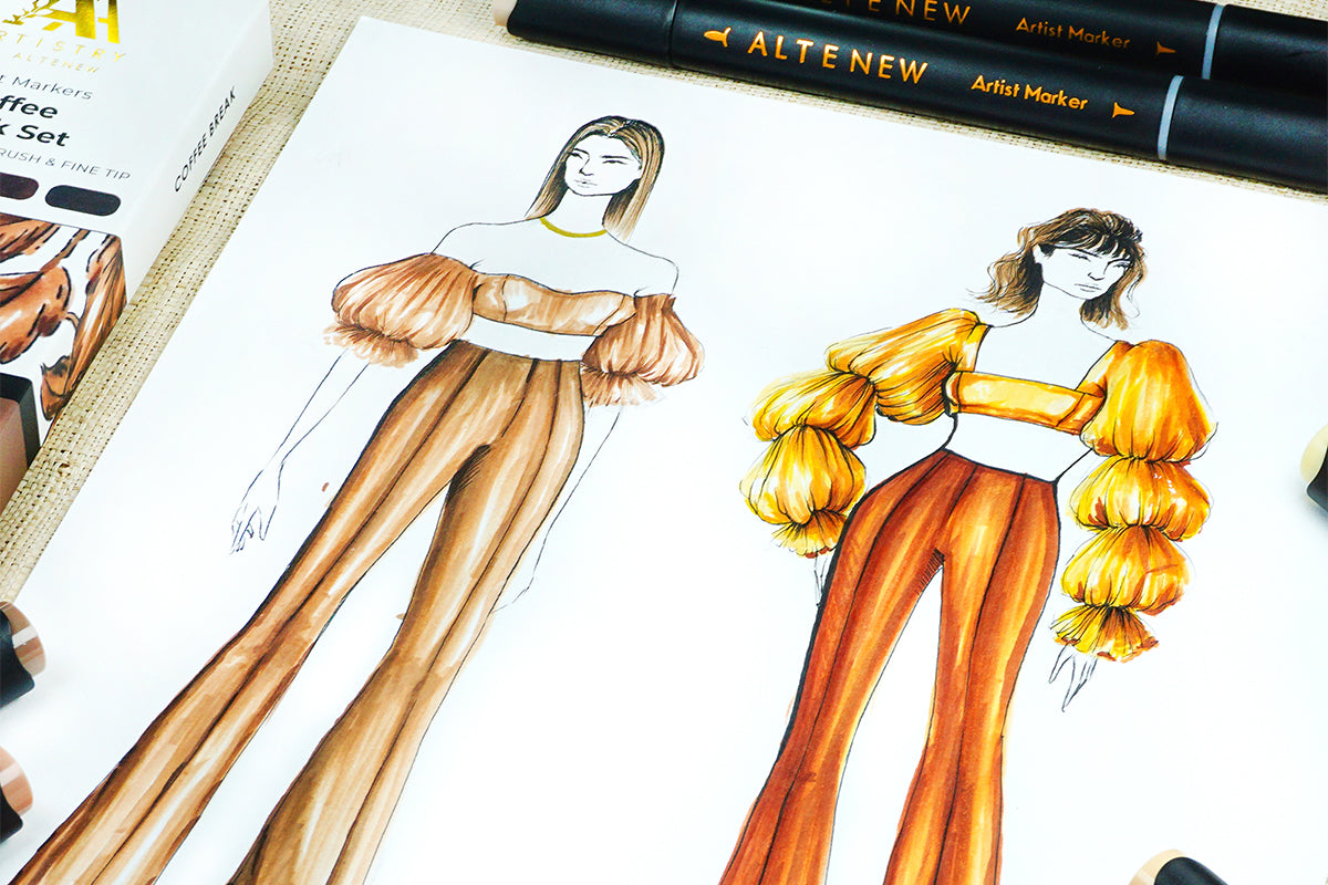 A drawing of 2 women wearing off-shoulder crop tops and bell-bottom pants, colored in with similar shades from Artistry's alcohol markers