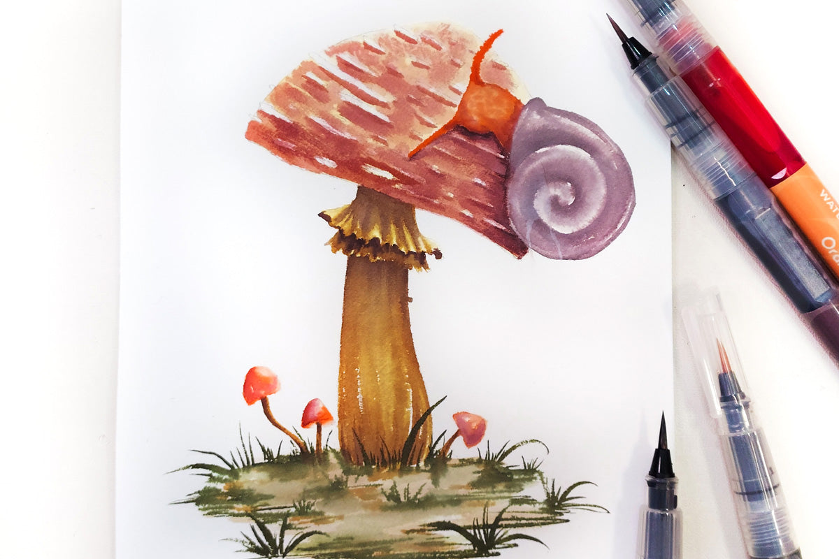 A watercolor painting of a snail on a mushroom, created with watercolor brush markers