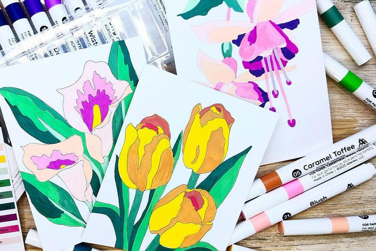 3 Color By Number sheets with different flowers, colored with Artistry by Altenew Acrylic Markers