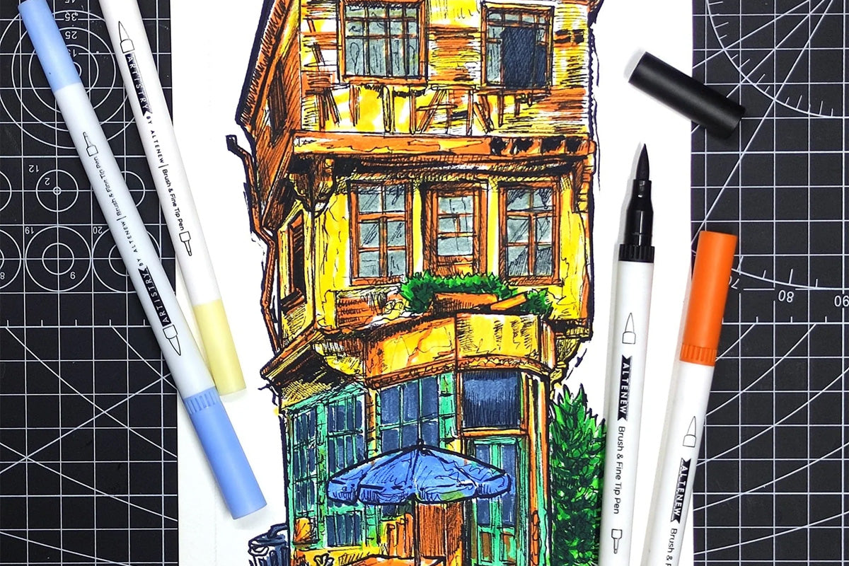 A drawing of a 3-storey house colored using water-based coloring pens