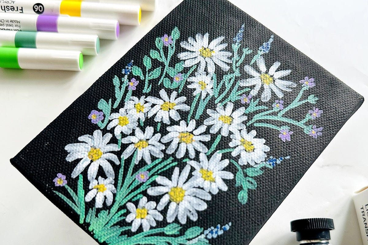 A bouquet of white flowers on black background created with acrylic markers and black gouache paint