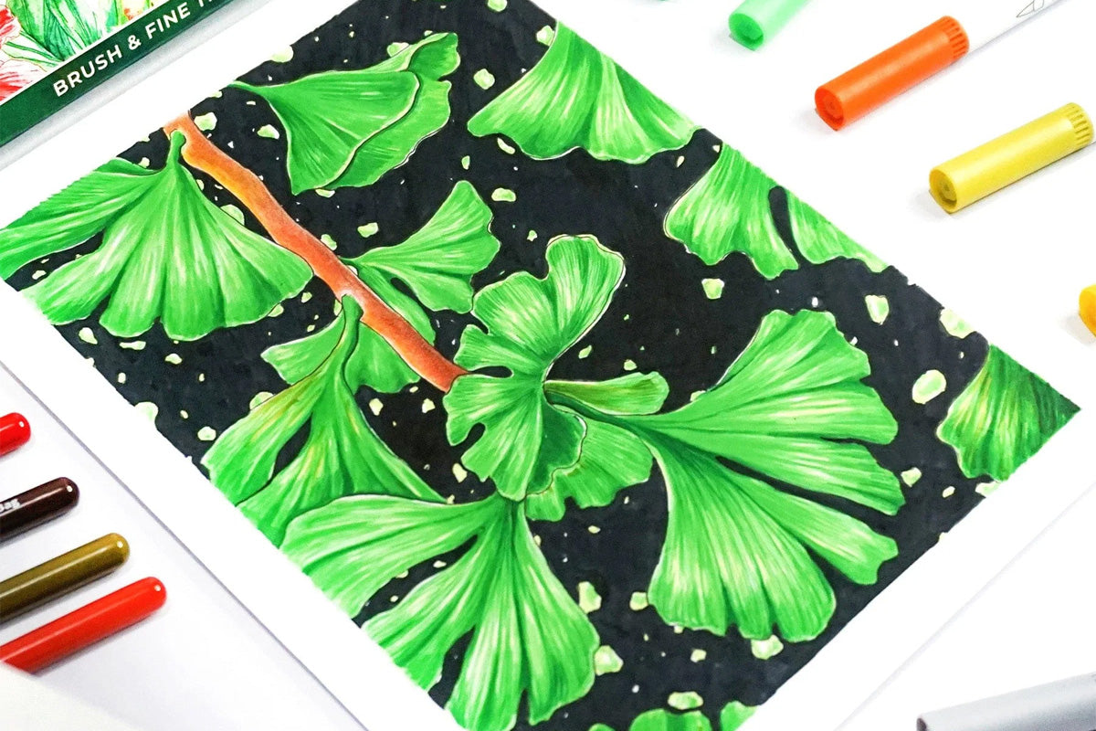 A drawing of lively green leaves created with dual-tip pens from Artistry by Altenew