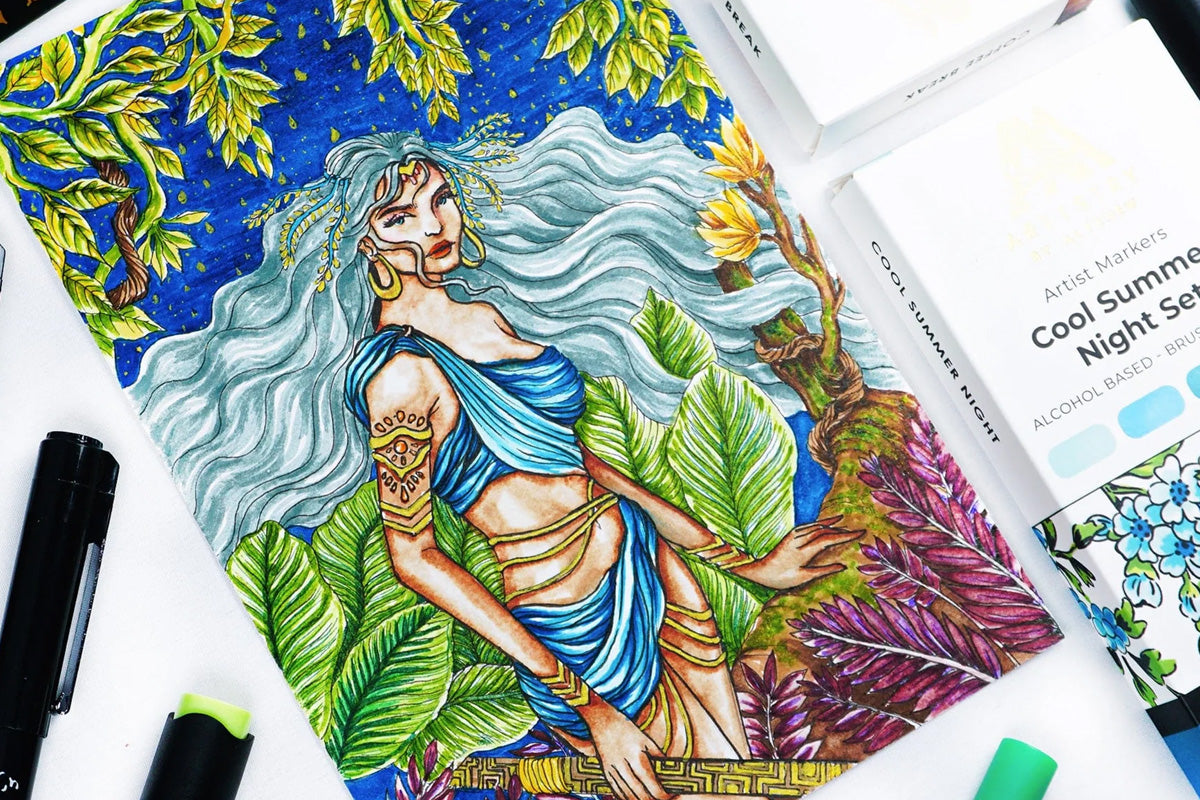 An enchanting drawing of an ethereal lady created with Artistry by Altenew’s Hawaiian Shores Dual Tip Pens