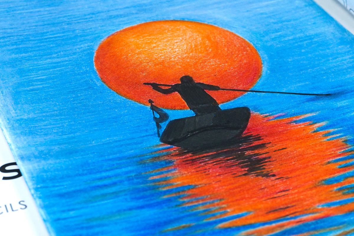 An artwork featuring the silhouette of a man in a boat against a beautiful sunset in the ocean