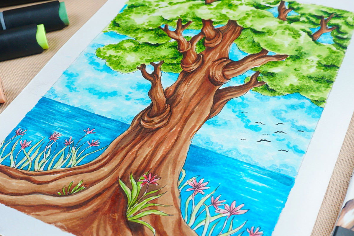 An artwork featuring a tree by the sea, created with Artistry by Altenew Alcohol Markers