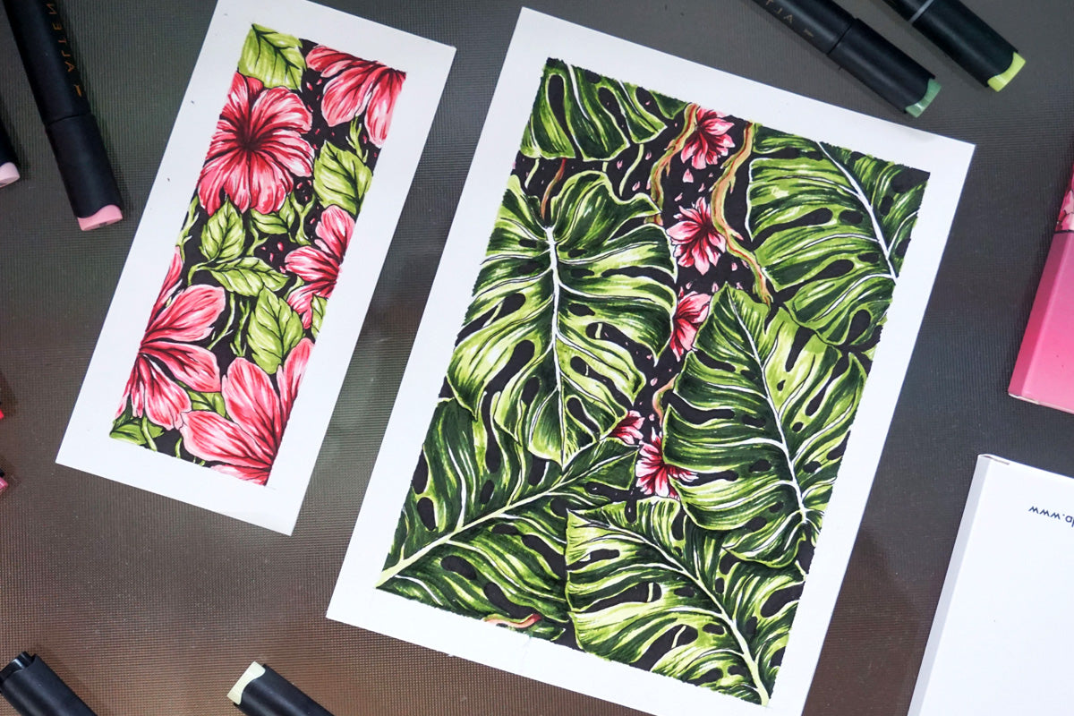 Two beautiful artwork featuring flowers and monstera leaves, colored with Artistry by Altenew Artist Alcohol Markers