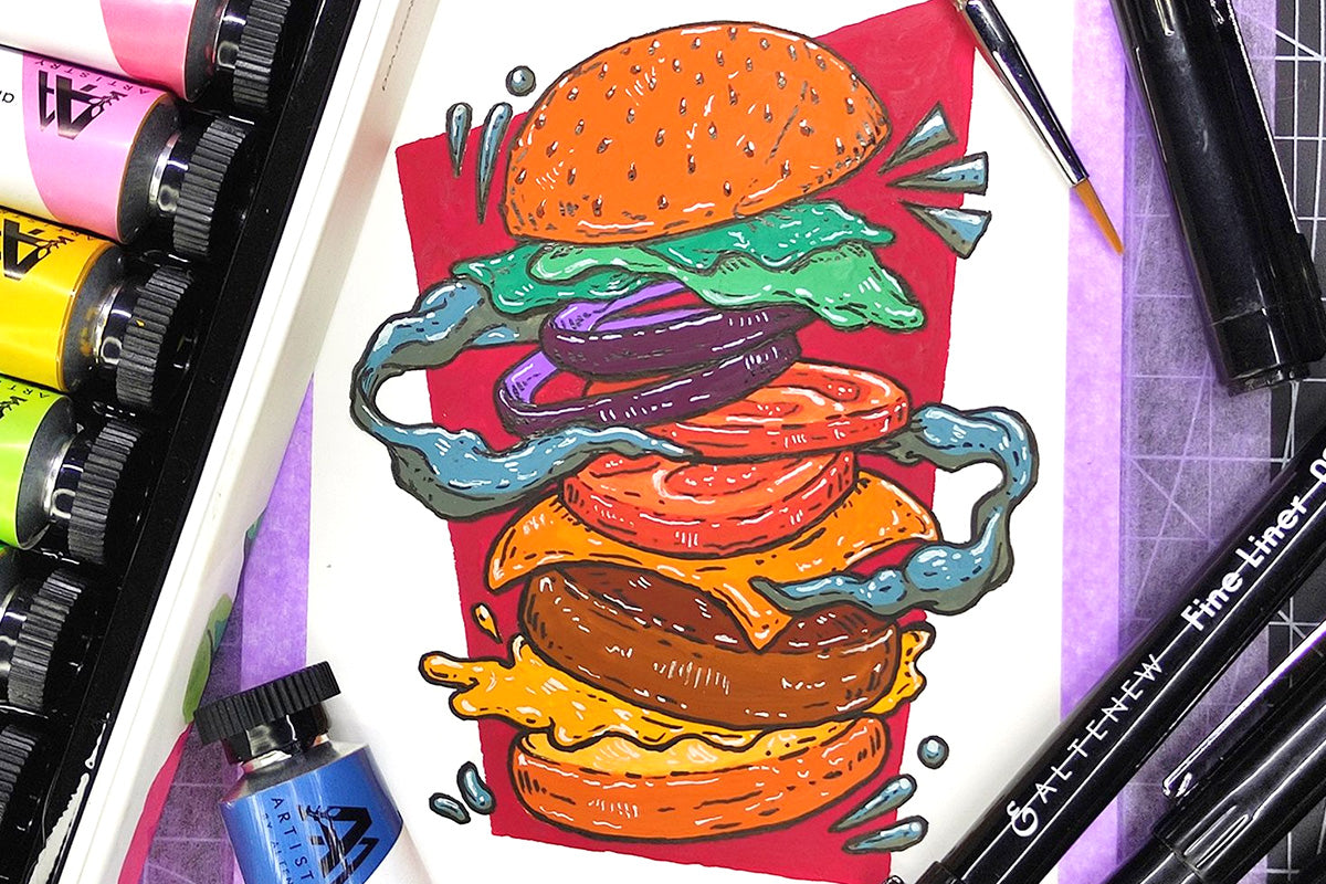 A vibrant gouache painting of a burger with floating elements