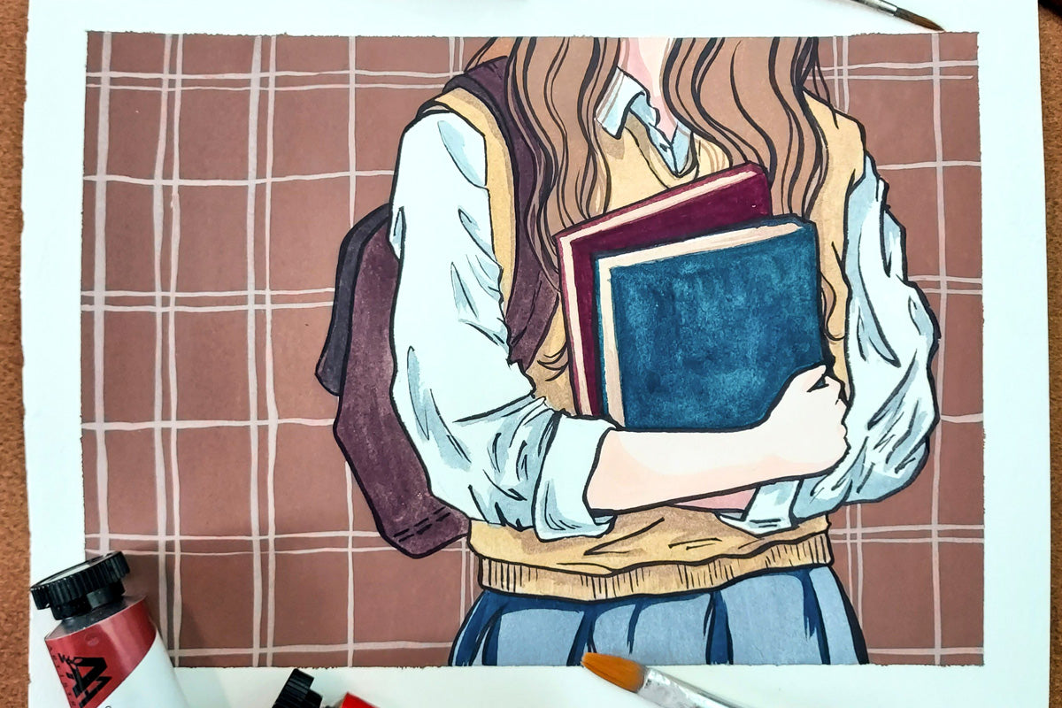 A gouache painting of a girl holding some books 