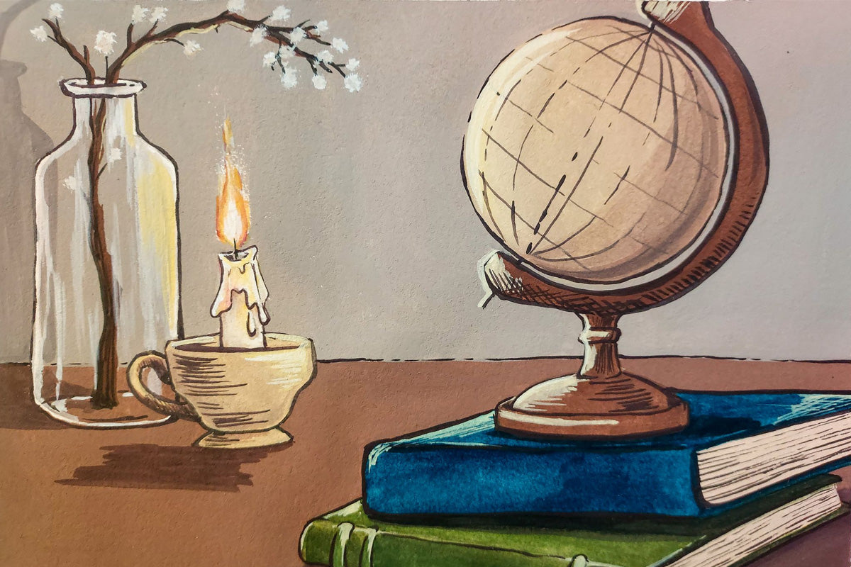 A gouache artwork featuring a globe and books on a table, alongside a candle