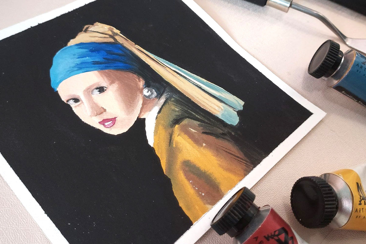 A gouache painting of the Girl with A Pearl Earring