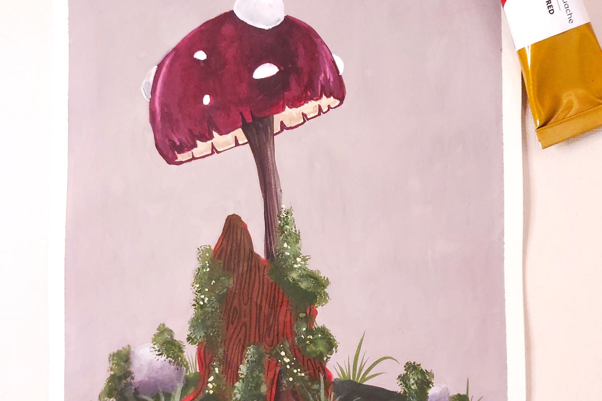 A gouache painting of a cute mushroom 