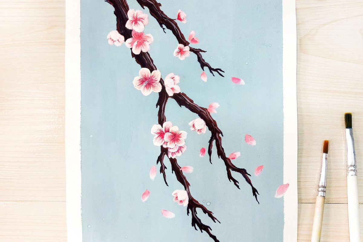 A goauche artwork of a sakura branch with flowers