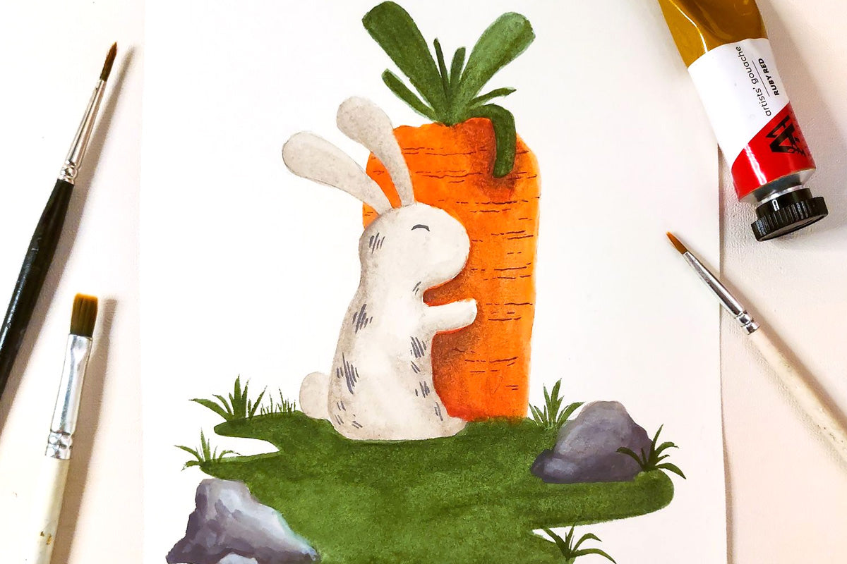 A gouache painting of a bunny with a carrot