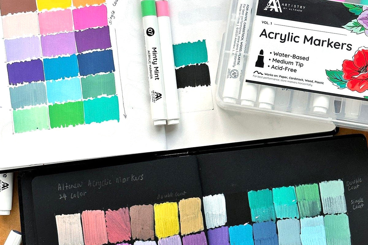 Different color swatches on a dark background, created from the 24-Color Acrylic Marker Set