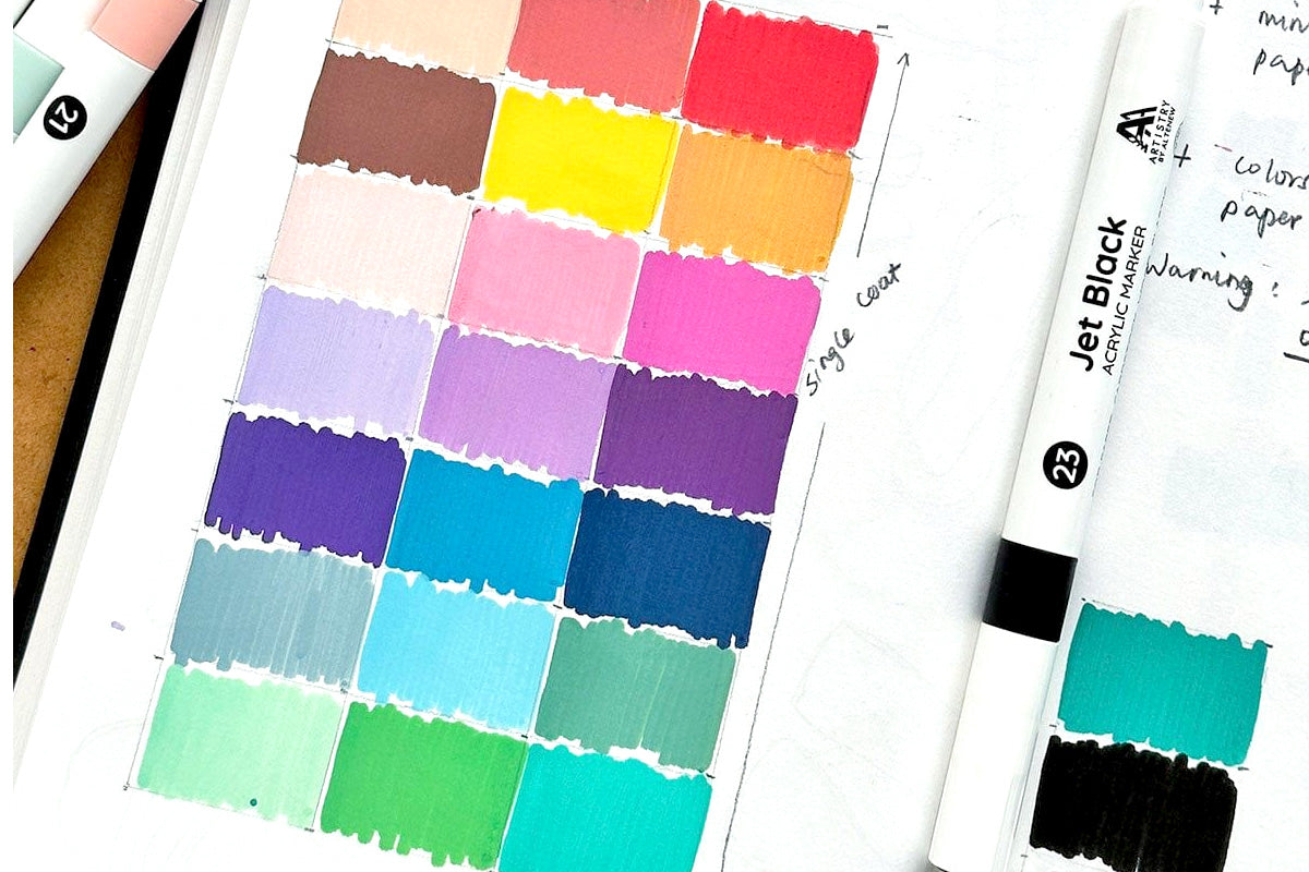 Different color swatches on a white background, created from the 24-Color Acrylic Marker Set