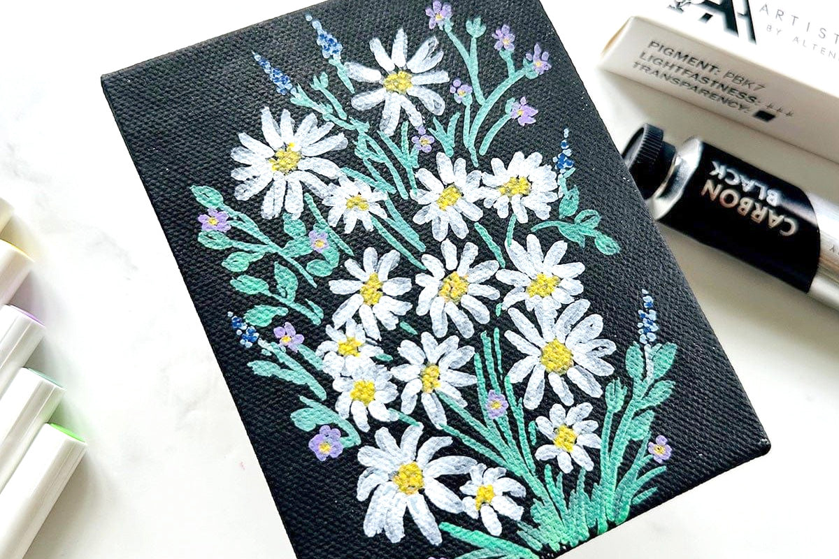 A drawing of a bouquet of white daisies on dark background, created and colored in with the 24-Color Acrylic Marker Set