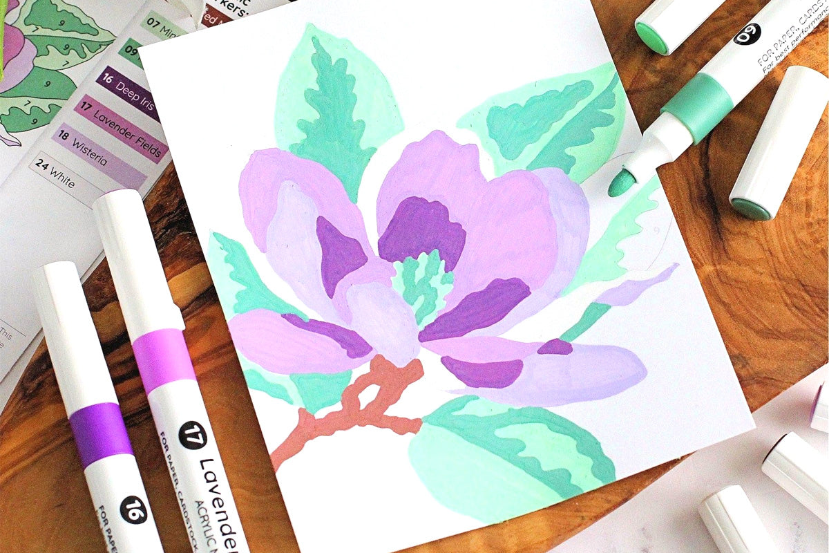 A purple floral card created and colored in with the 24-Color Acrylic Marker Set