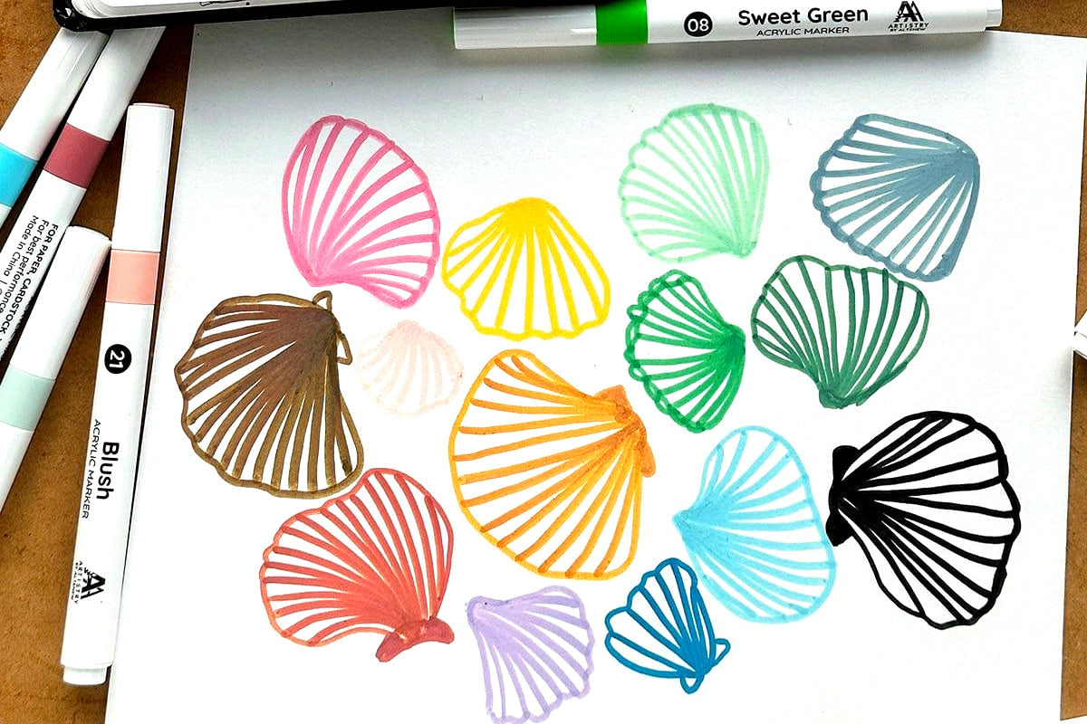 Seashell outlines, created and colored in with the 24-Color Acrylic Marker Set