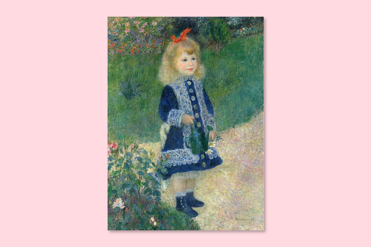 One of Pierre-Auguste Renoir's art, is a beautiful painting of a little girl in a blue dress